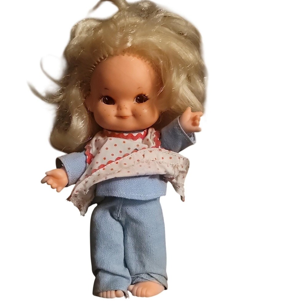 Vintage 1970s Miniature Blonde Doll Freckles Blue Outfit Liddle Kiddles Style 4